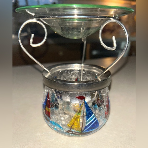 Nautical Sailboat Ocean Coastal Water Themed Crackle Glass 3-Pc Wax Warmer Set - Picture 1 of 6